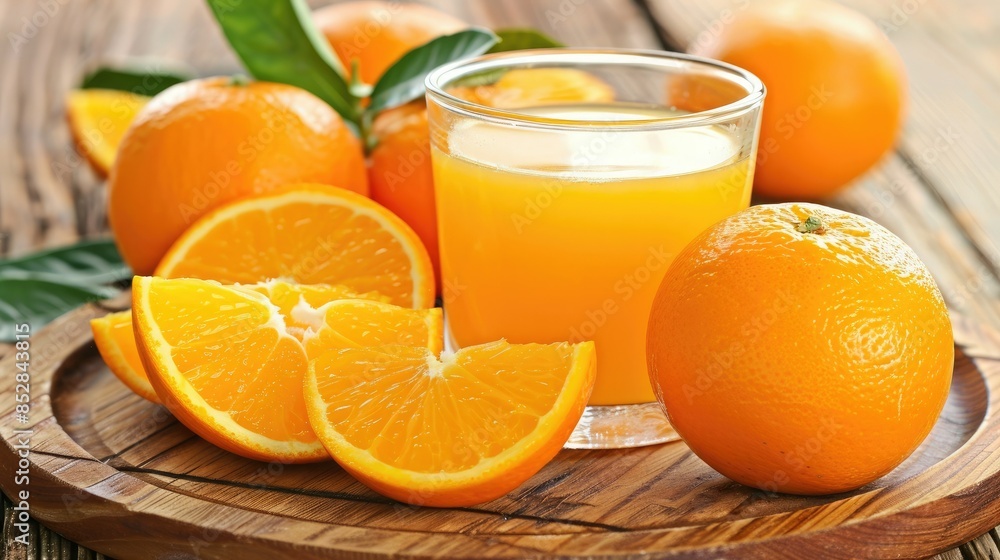 Glass of fresh orange juice on a wooden tray with oranges, close-up photo background for advertising banner template design. Glass of fresh orange juice on a wooden tray with oranges, close-up photo background for advertising banner template design.