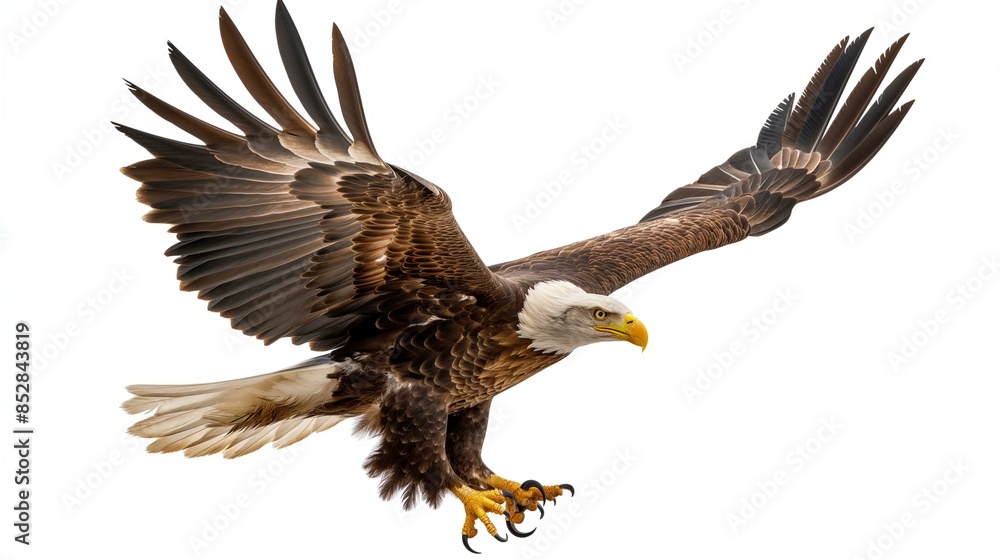 Obraz premium Majestic Bald Eagle in Flight with Outstretched Wings on White Background
