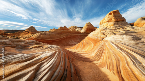 Scenic desert landscape with striking rock formations featuring smooth, layered sandstone and clear blue skies above