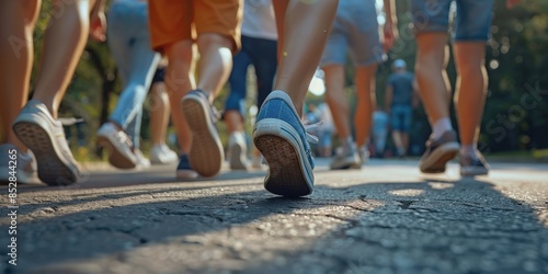 Fototapeta Naklejka Na Ścianę i Meble -  Low-Angle View of Feet Walking on a Paved Path
