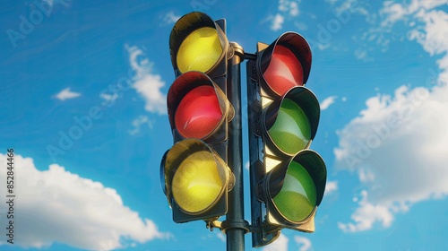 traffic light on a background of blue sky. Red, yellow and green lights symbolize the colors of all three routes, creating an atmospheric and cinematic effect.