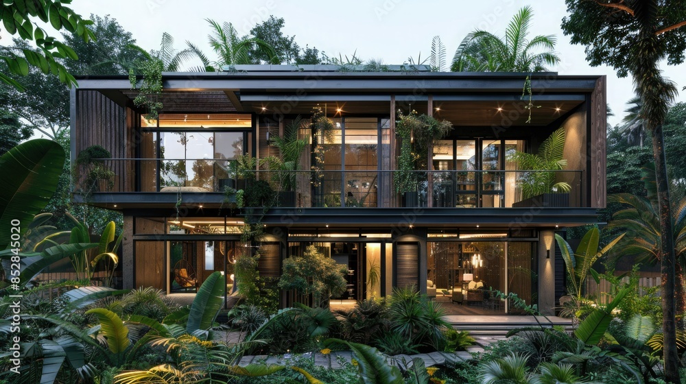 Modern three-story home, tropical style architecture, dark wood and glass facade surrounded by trees and plants, front yard landscaping. Modern three-story home, tropical style architecture, dark wood and glass facade surrounded by trees and plants, front yard landscaping.