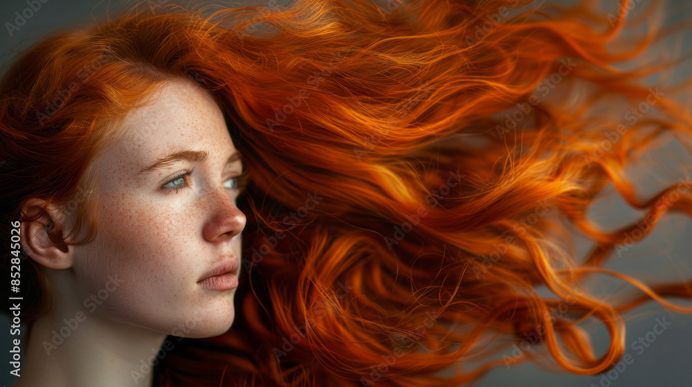 Fototapeta premium Close-up of a girl's face with bright red hair. The concept of improving the appearance of hair, revealing femininity and attractiveness, and developing the hairdressing business.