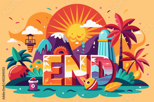 An illustration of the word end with palm trees and mountains