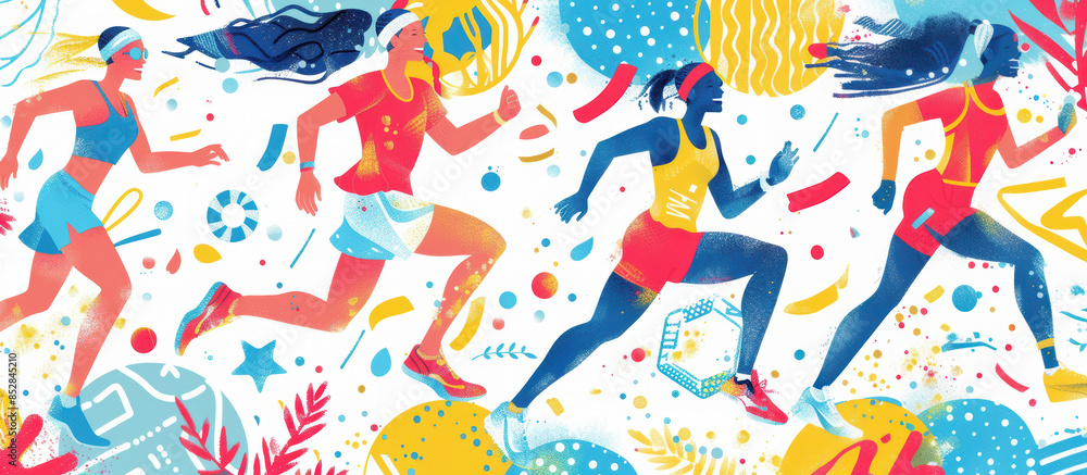 Obraz premium Illustration of a group of female athletes running a marathon, with colorful abstract shapes surrounding them