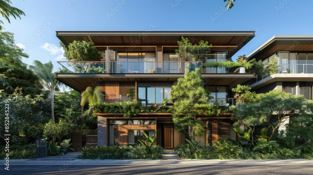 Modern three-story home, tropical style architecture, dark wood and glass facade surrounded by trees and plants, front yard landscaping. Modern three-story home, tropical style architecture, dark wood and glass facade surrounded by trees and plants, front yard landscaping.