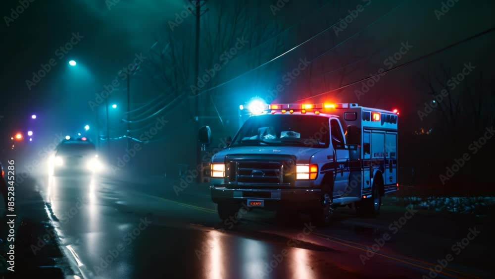 An ambulance with flashing lights is speeding down a street at night, its siren blaring, An ambulance siren blaring through the night An ambulance with flashing lights is speeding down a street at night, its siren blaring, An ambulance siren blaring through the night
