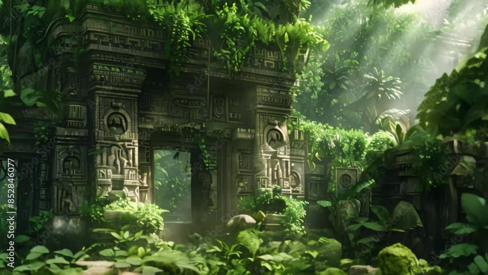 An ancient building surrounded by dense greenery in the heart of the jungle, An ancient ruins covered in lush greenery and hidden symbols An ancient building surrounded by dense greenery in the heart of the jungle, An ancient ruins covered in lush greenery and hidden symbols