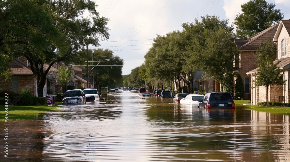 A residential street is heavily flooded, with water submerging parked cars and reaching the lawns of homes. Trees line the street under a cloudy sky. A residential street is heavily flooded, with water submerging parked cars and reaching the lawns of homes. Trees line the street under a cloudy sky.