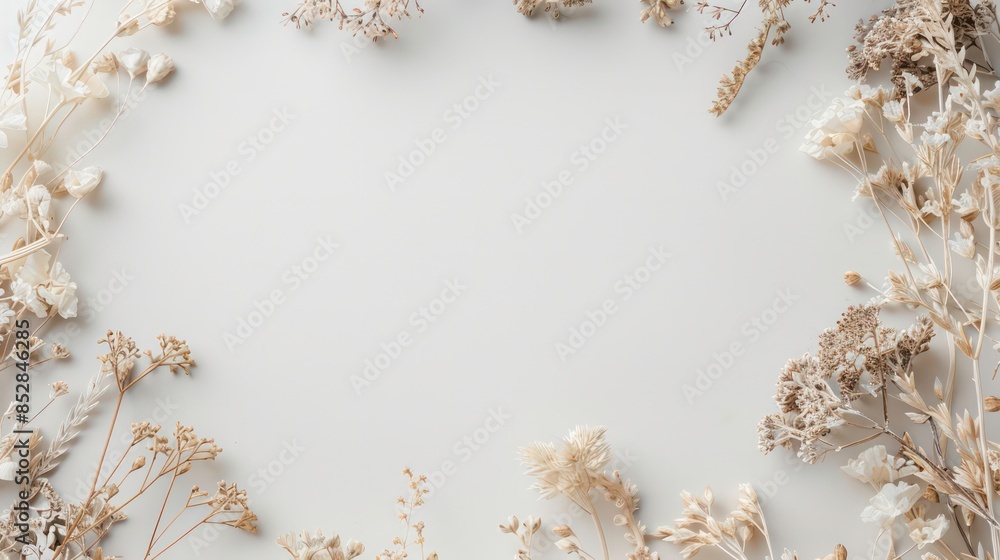 A banner featuring a top down view of a frame adorned with dried flowers on a white background The design incorporates neutral colors and leaves space for adding content A banner featuring a top down view of a frame adorned with dried flowers on a white background The design incorporates neutral colors and leaves space for adding content