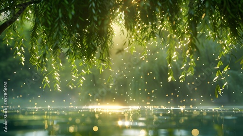 A willow tree hanging down with green leaves, with sunlight shining through the branches and foliage onto sparkling water in front. This scene evokes feelings of tranquility and nature's beauty.