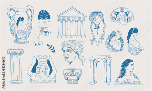 Antique set. Vector illustration with blue lines.
