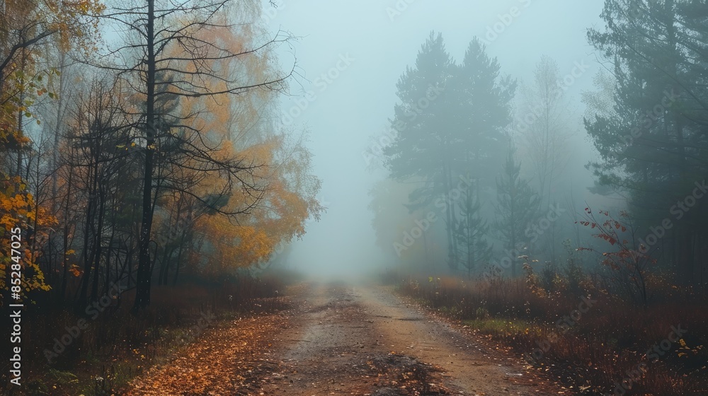 Obraz premium Autumn forest enveloped in thick foggy morning misty autumn forest early morning mist in the woods Forest road shrouded in autumn fog