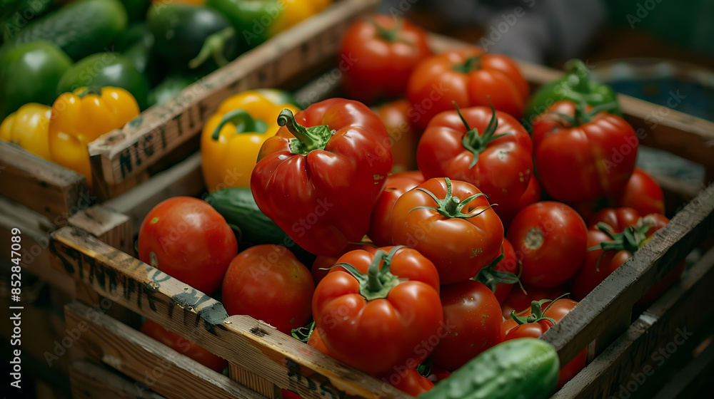 Fresh tomatoes and peppers in wooden boxes on the counter of the store Fresh tomatoes and peppers in wooden boxes on the counter of the store