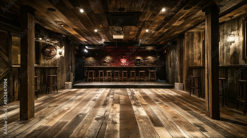 Rustic bar interior with wooden floors and walls, featuring a long bar counter with six stools, dim lighting, and warm ambiance. Rustic bar interior with wooden floors and walls, featuring a long bar counter with six stools, dim lighting, and warm ambiance.