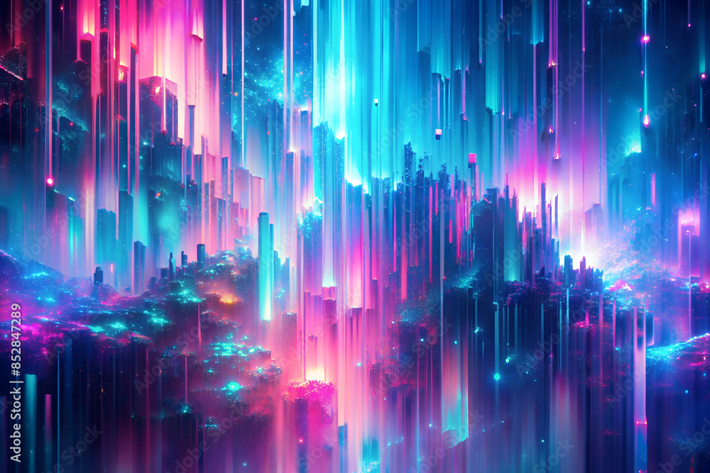 Vibrant abstract background. Blue, mint, pink with digital glitch and distortion effects