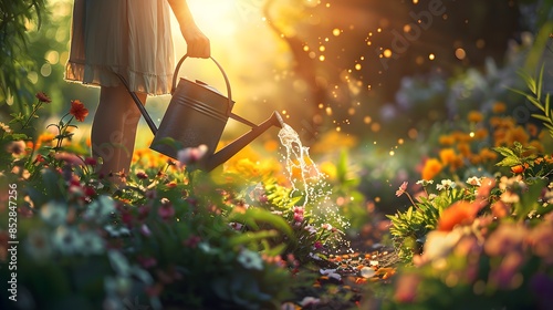 A woman watering flowers in her garden with an old metal watering can, surrounded by colorful blossoms and greenery under the warm glow of sunlight. #852847256