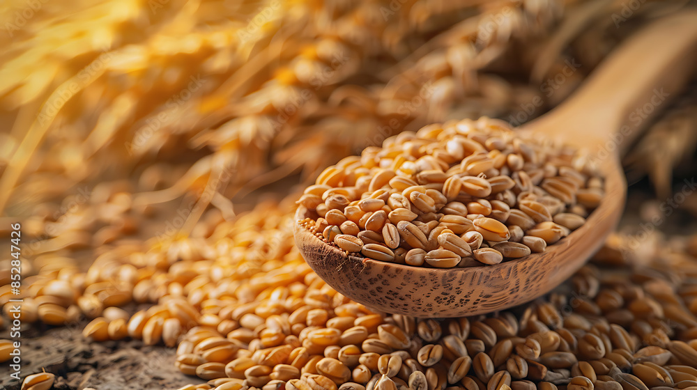 Obraz premium Wheat grains in a wooden spoon on a background of wheat ears