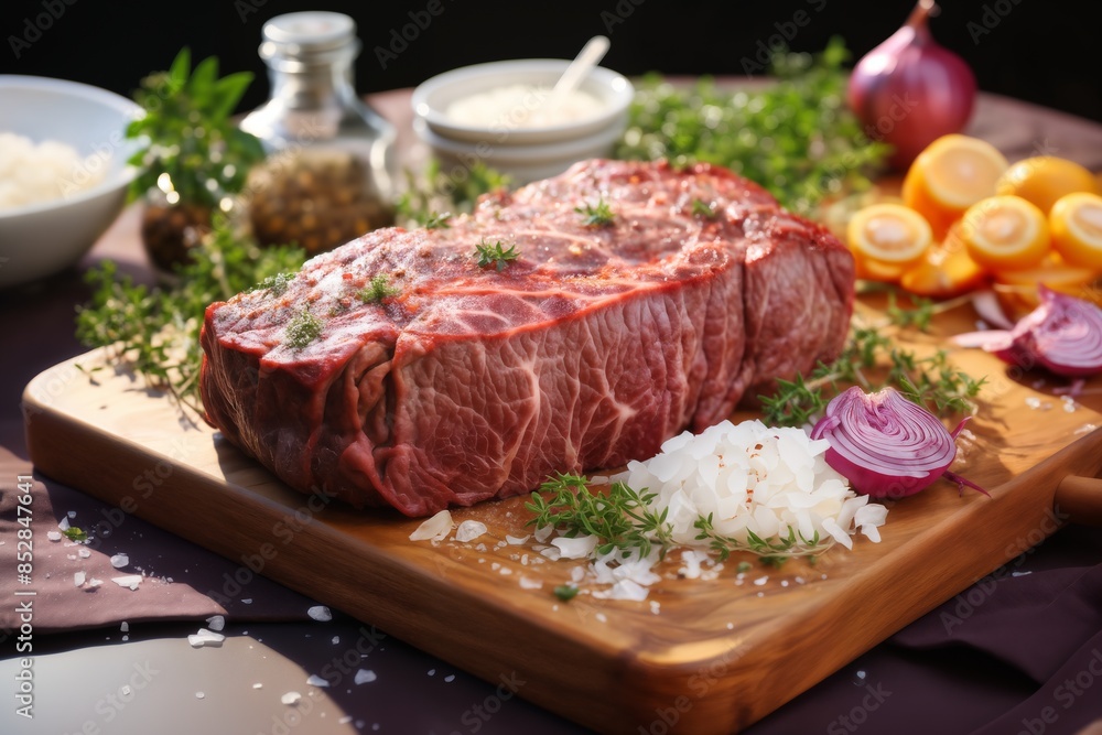 raw sliced meat and vegetables and herbs on a wooden board, delicious food raw sliced meat and vegetables and herbs on a wooden board, delicious food