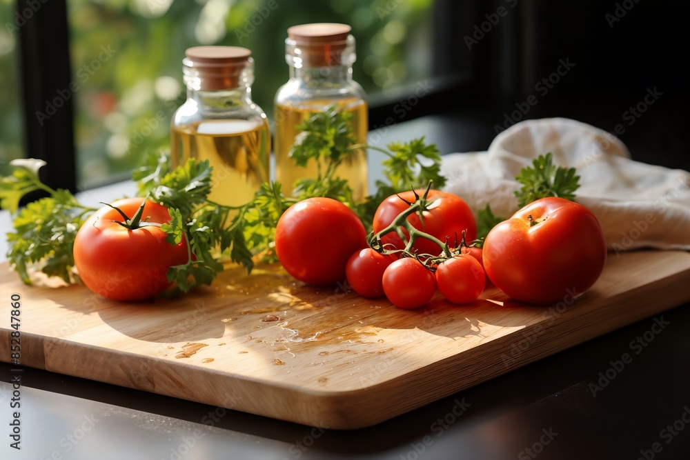 tomatoes and greens and bottles with oil on a table, beautiful still life tomatoes and greens and bottles with oil on a table, beautiful still life
