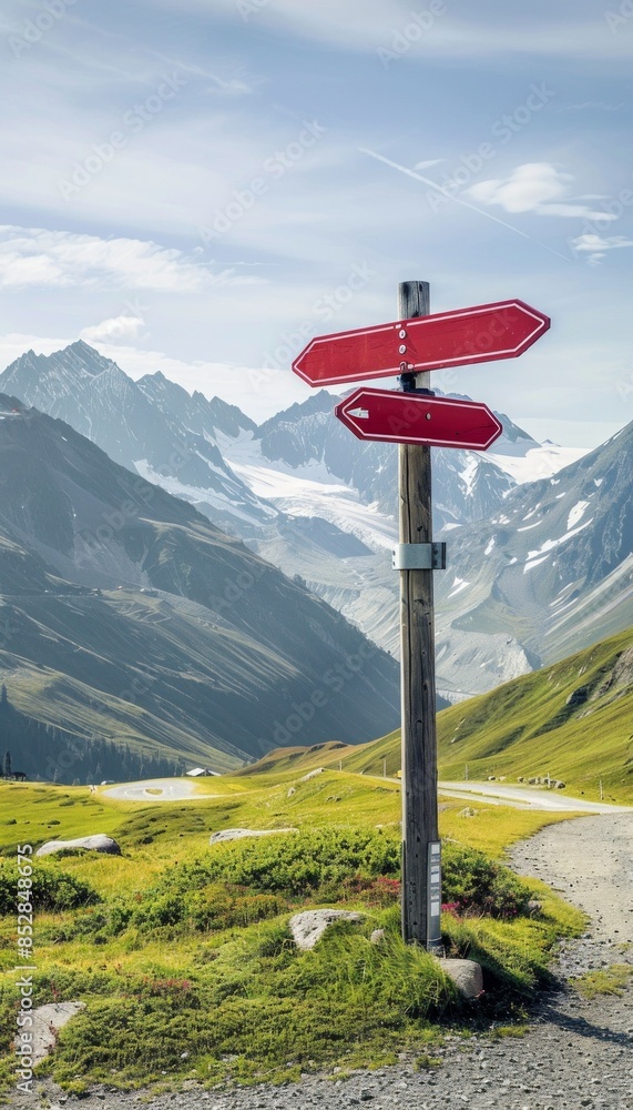 Crossroad sign in Ischgl, Austria, against picturesque alpine backdrop, guides travelers to various Crossroad sign in Ischgl, Austria, against picturesque alpine backdrop, guides travelers to various