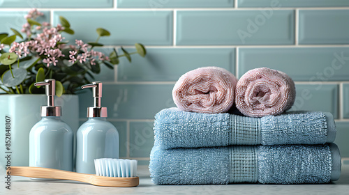 Stack of clean towels, soap and brush on table in bathroom, closeup