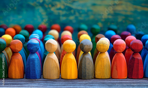 Multicolored wooden figures for concept of diverse people and society.