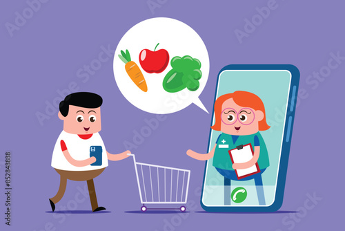 emotion cute vector, illustration flat cartoom character man and doctor show explain good food for healthy.