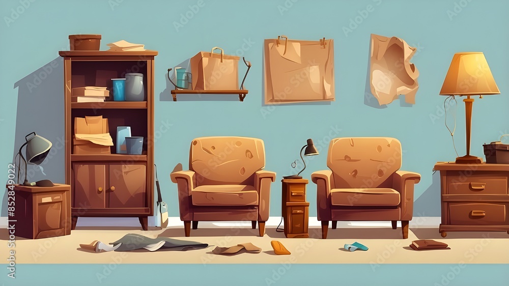 worn-out, unkempt interior furnishings and equipment for the living room. Cartoon vector illustration set featuring a stained armchair and lamp, a wooden cabinet and chair, stuff-filled boxes, and a c worn-out, unkempt interior furnishings and equipment for the living room. Cartoon vector illustration set featuring a stained armchair and lamp, a wooden cabinet and chair, stuff-filled boxes, and a c