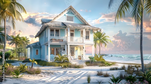 A coastal living with a two-story beach house, painted in a soft pastel blue and white trim. The architecture includes a spacious balcony overlooking the ocean, a luxurious yet laid-back beach lifesty