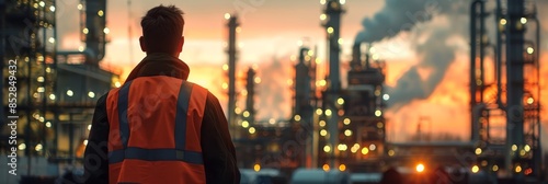 Silhouette of an industrial worker wearing a safety vest standing in front of a large manufacturing plant facility against a colorful sunset sky with smoke stacks and tall buildings in the background.