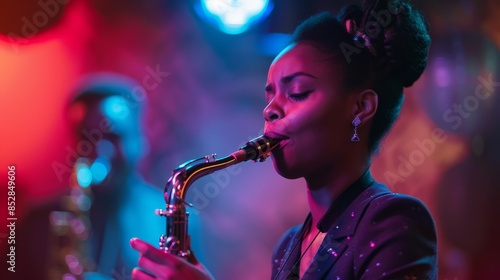 A woman playing a saxophone in a club with a man in the background