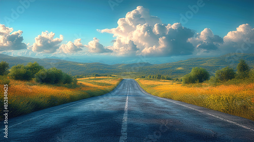 An empty road with yellow lines and beautiful natural scenery