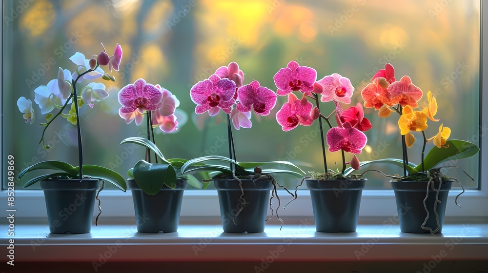 Beautiful orchids in pots on the windowsill, beautiful home interior, bright colors, daylight. Beautiful orchids in pots on the windowsill, beautiful home interior, bright colors, daylight.