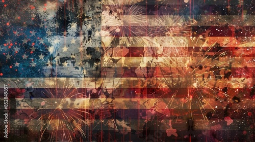 Stunning double exposure of vibrant fireworks and the American flag,creating a captivating and celebratory visual for Independence Day or other patriotic events and concepts. photo
