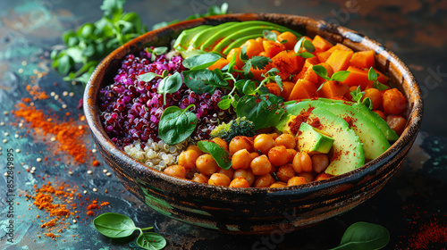 Colorful Buddha Bowl with Quinoa, Chickpeas, and Fresh Vegetables