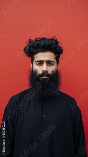 A man with a beard and a black shirt is standing in front of a red wall