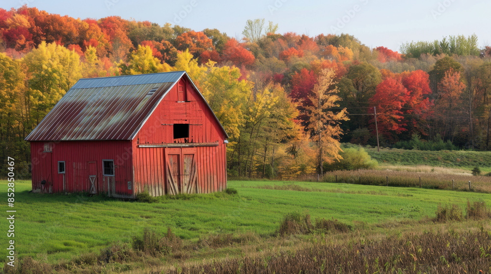Weathered red barn stands in an open field, a vibrant maple tree displays its autumn foliage Weathered red barn stands in an open field, a vibrant maple tree displays its autumn foliage