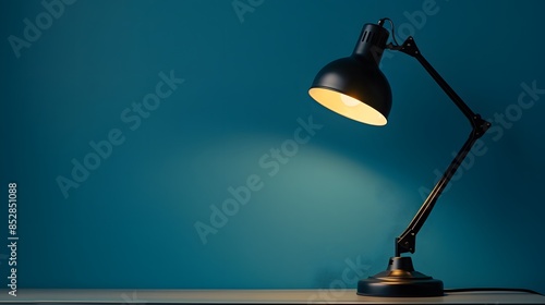 Black desk lamp on table against blue wall background with copy space. The lamp is in the style of a minimalist design. © horizon