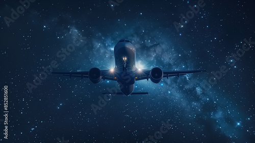 An airplane in flight at night, with its lights illuminating the dark sky