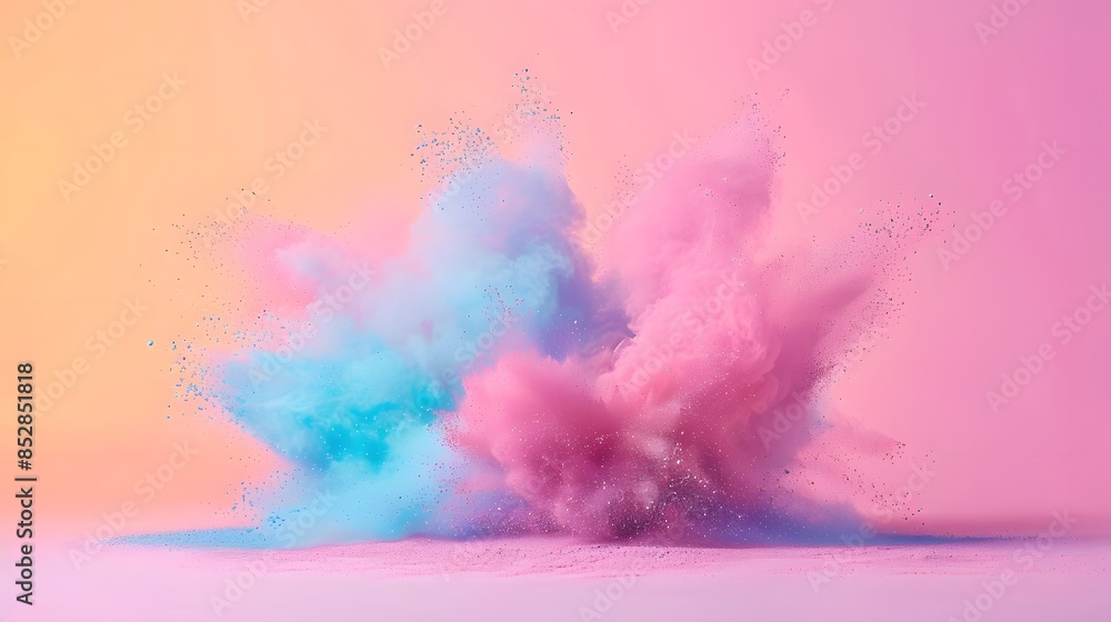 Fototapeta premium Colorful powder explosion on pastel background, explosion of color in the air, vibrant colors and shapes, pink blue purple yellow, white floor, minimalistic, simple.