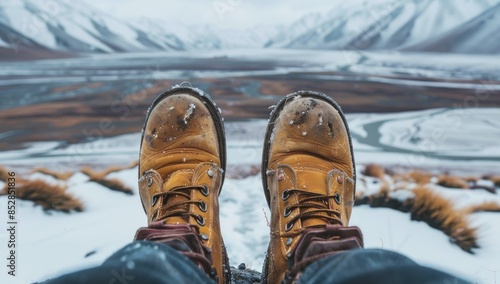 Highlight the purity of minimalist travel with a close-up shot of a traveler’s weathered boots against the backdrop of Tibet’s pristine, snow-covered plains.