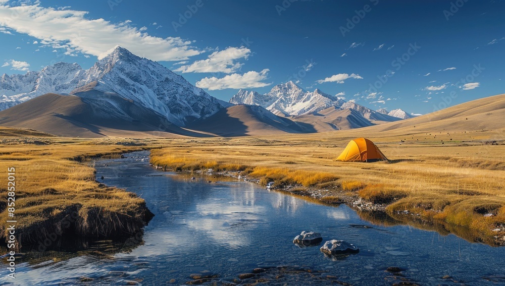 Obraz premium Illustrate the simplicity of travel in Tibet with a minimalist composition of a lone tent pitched beside a crystal-clear mountain stream, mirroring the purity of the surroundings.