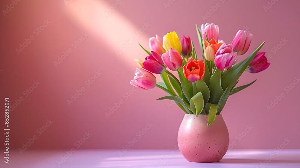 Fototapeta premium Colorful tulips in vase on pink background, copy space concept for Happy Mother's Day greeting card design. Beautiful colorful flowers bouquet, tulip flower boquet in ceramic pot on table.