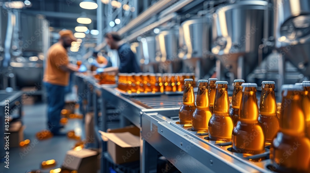 Obraz premium Efficient team working together bottling beer in a brewery