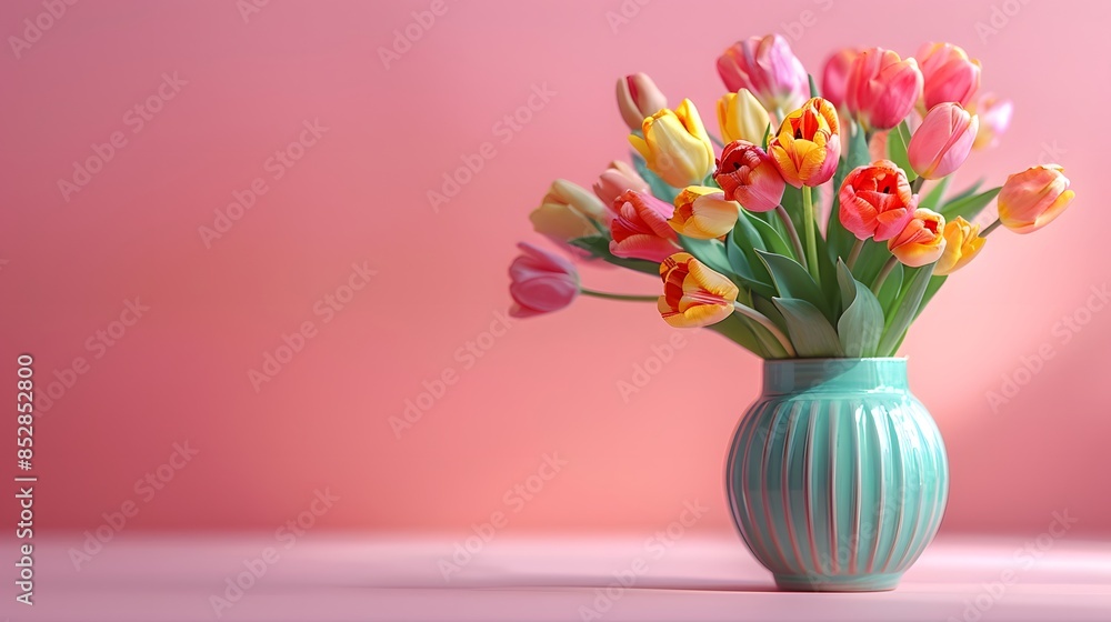 Fototapeta premium Colorful tulips in vase on pink background, copy space concept for Happy Mother's Day greeting card design. Beautiful colorful flowers bouquet, tulip flower boquet in ceramic pot on table.