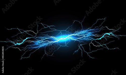 Blue electric lightning bolt on black background, powerful energy surge with glowing light effect, high voltage electricity visual.