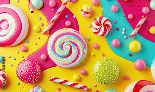 Colorful candy assortment with lollipops, gummy, and round sweets on a bright polka dot background. Vibrant and playful confectionery design.