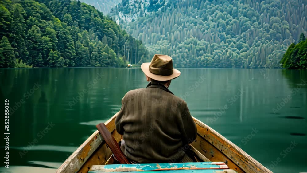 Elderly man peacefully sitting in a boat on a calm lake, An elderly man enjoying a peaceful boat ride on a tranquil lake Elderly man peacefully sitting in a boat on a calm lake, An elderly man enjoying a peaceful boat ride on a tranquil lake
