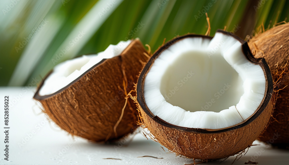Fresh coconuts split open on a textured white surface Fresh coconuts split open on a textured white surface